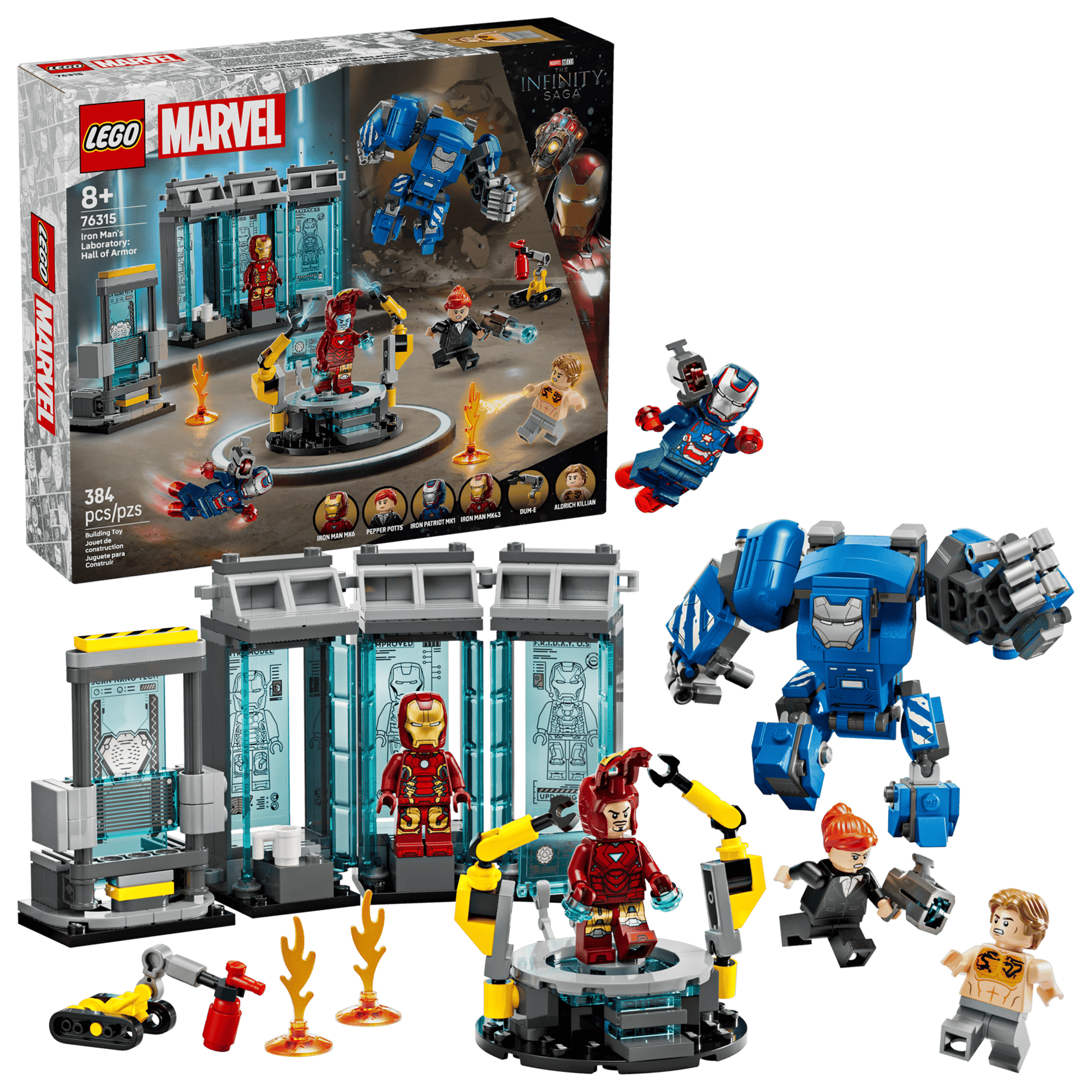 Legos - Toyhouse LEGO® Marvel Iron Man's Laboratory: Hall of Armor set, featuring Iron Man minifigures, mech suits, and lab accessories, shown fully assembled and displayed beside the product box.