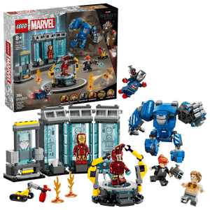 Legos - Toyhouse LEGO® Marvel Iron Man's Laboratory: Hall of Armor set, featuring Iron Man minifigures, mech suits, and lab accessories, shown fully assembled and displayed beside the product box.