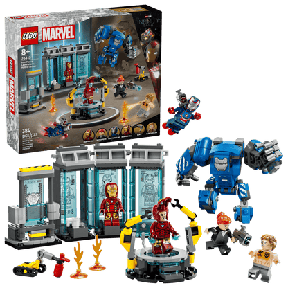 Legos - Toyhouse LEGO® Marvel Iron Man's Laboratory: Hall of Armor set, featuring Iron Man minifigures, mech suits, and lab accessories, shown fully assembled and displayed beside the product box.