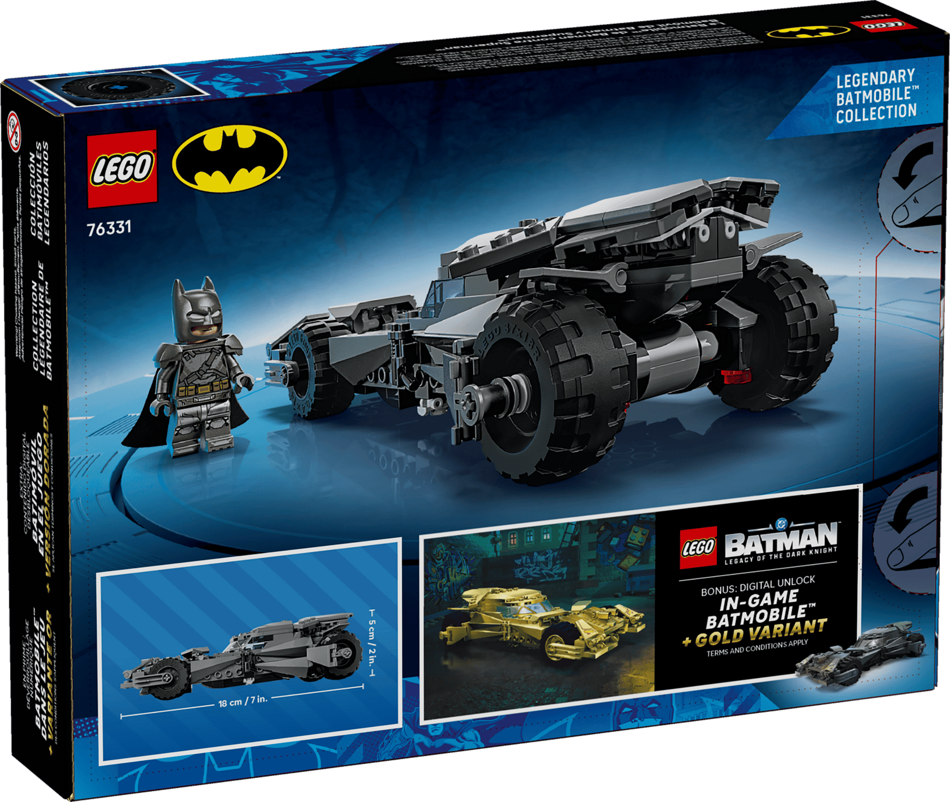 The LEGO® Batman™ v Superman™ Batmobile™ box by Legos - Toyhouse features a Batmobile model, Batman minifigure, and images with in-game Batmobile unlock info in the bottom right.