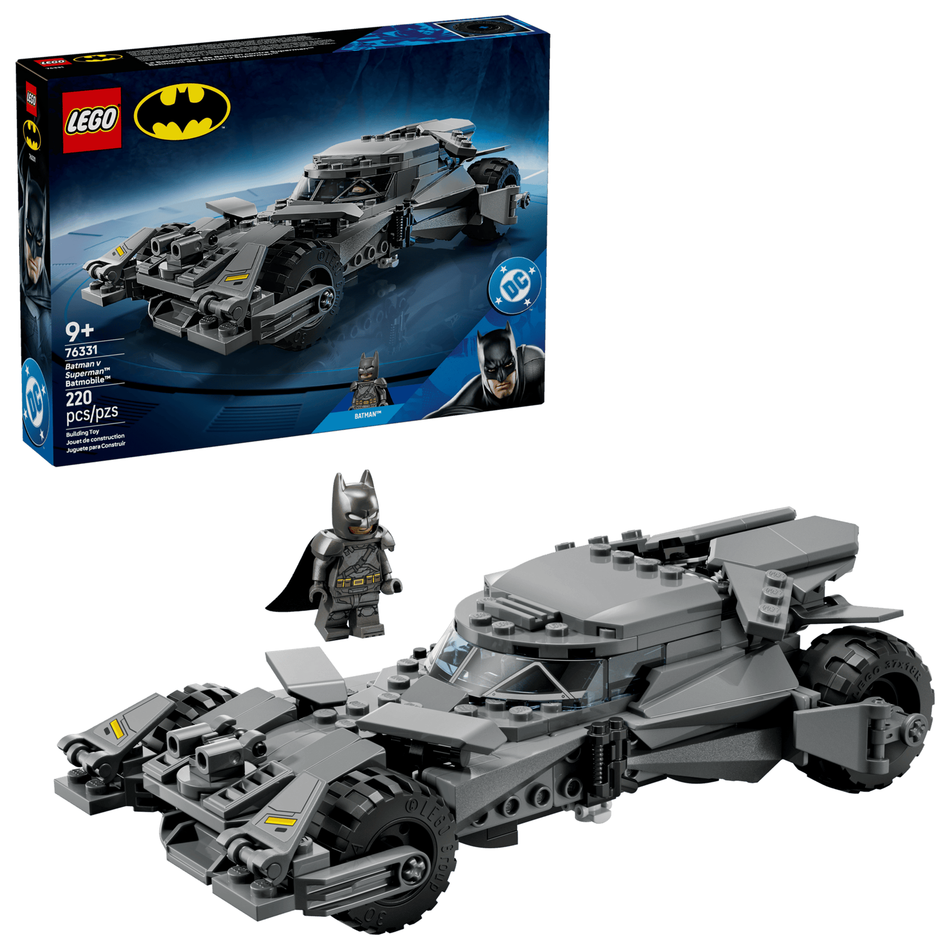 The LEGO® Batman™ v Superman™ Batmobile™ by Legos - Toyhouse includes 345 pieces, a Batman minifigure, and box packaging showcasing the iconic Batmobile and Batman logo.