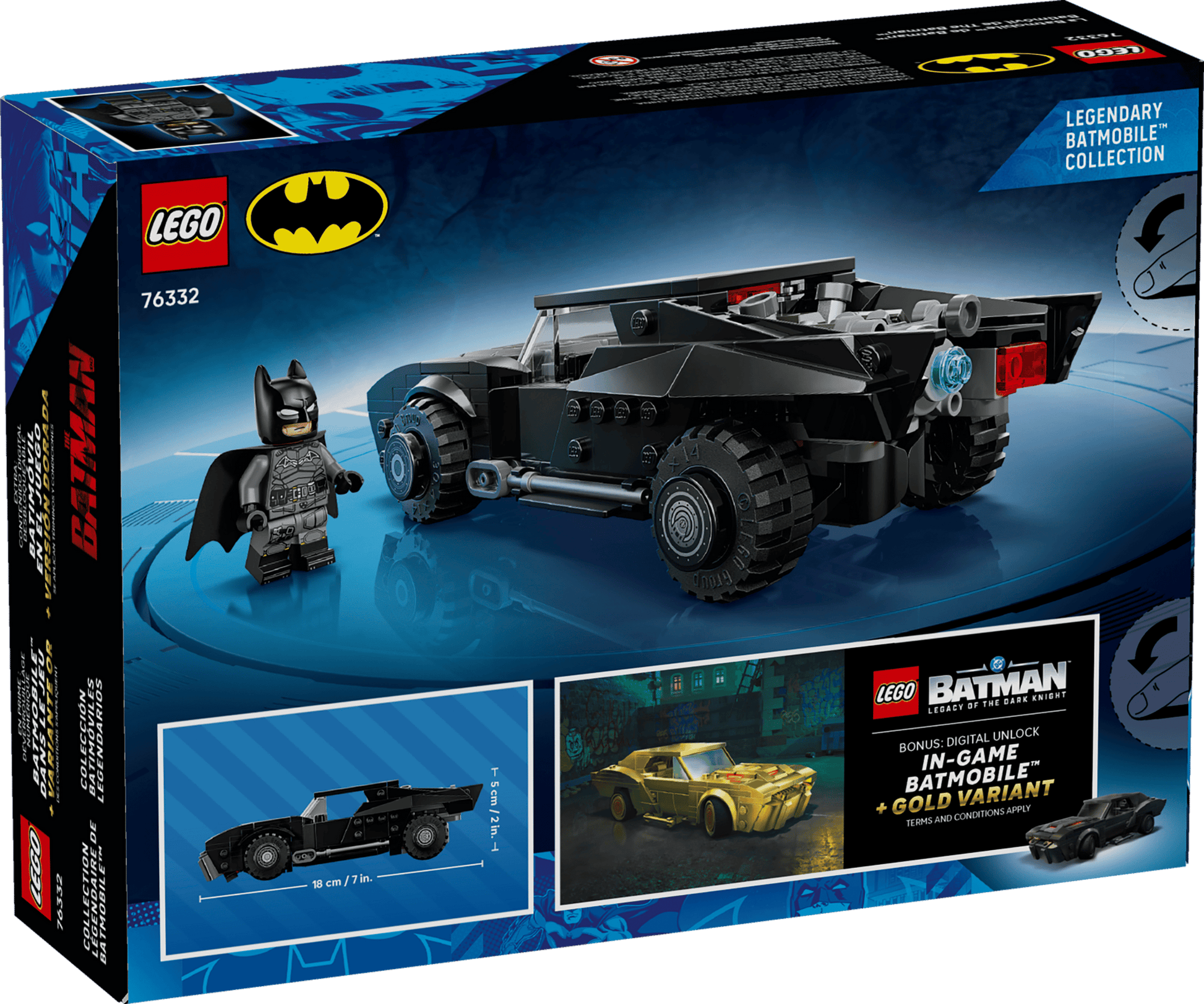 The LEGO® Batman™ The Batman™ Batmobile™ by Legos - Toyhouse includes a buildable Batmobile toy, Batman minifigure, and an in-game Batmobile gold variant unlock; ideal for ages 8+.