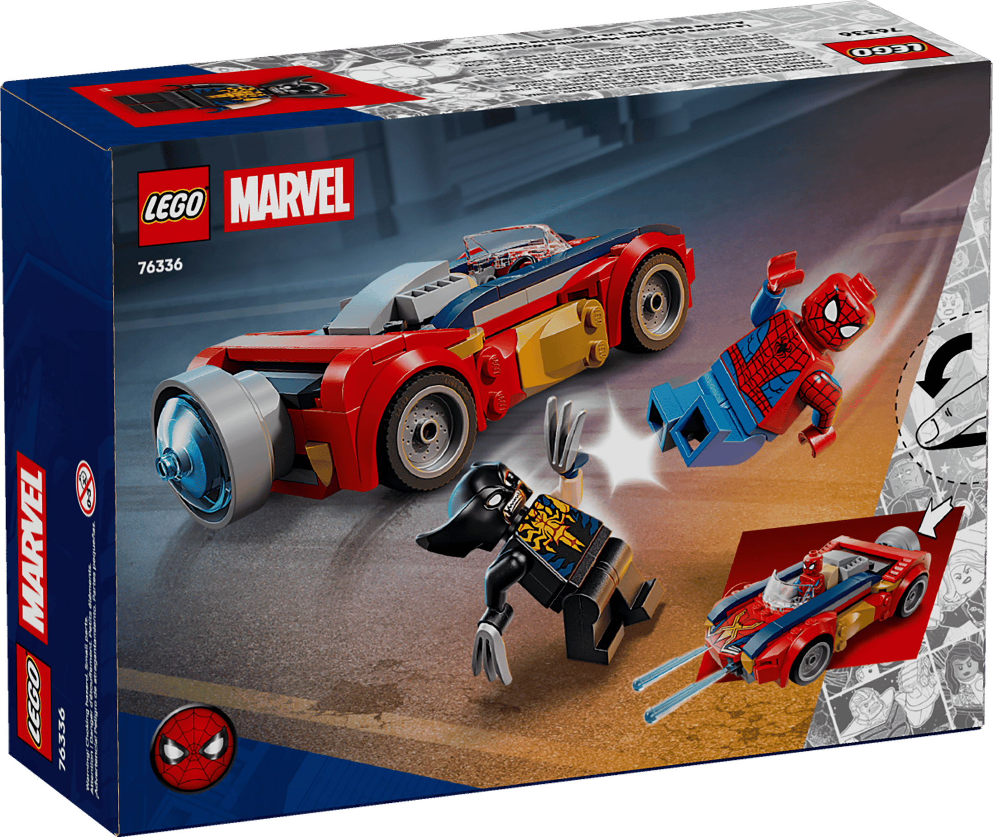 The LEGO® Marvel Spider-Man Car vs. Venomized Wolverine set by Legos - Toyhouse includes a Spider-Man car, Spider-Man and Spider-Ham minifigures, and a Venomized Wolverine, all on a stylized box background.