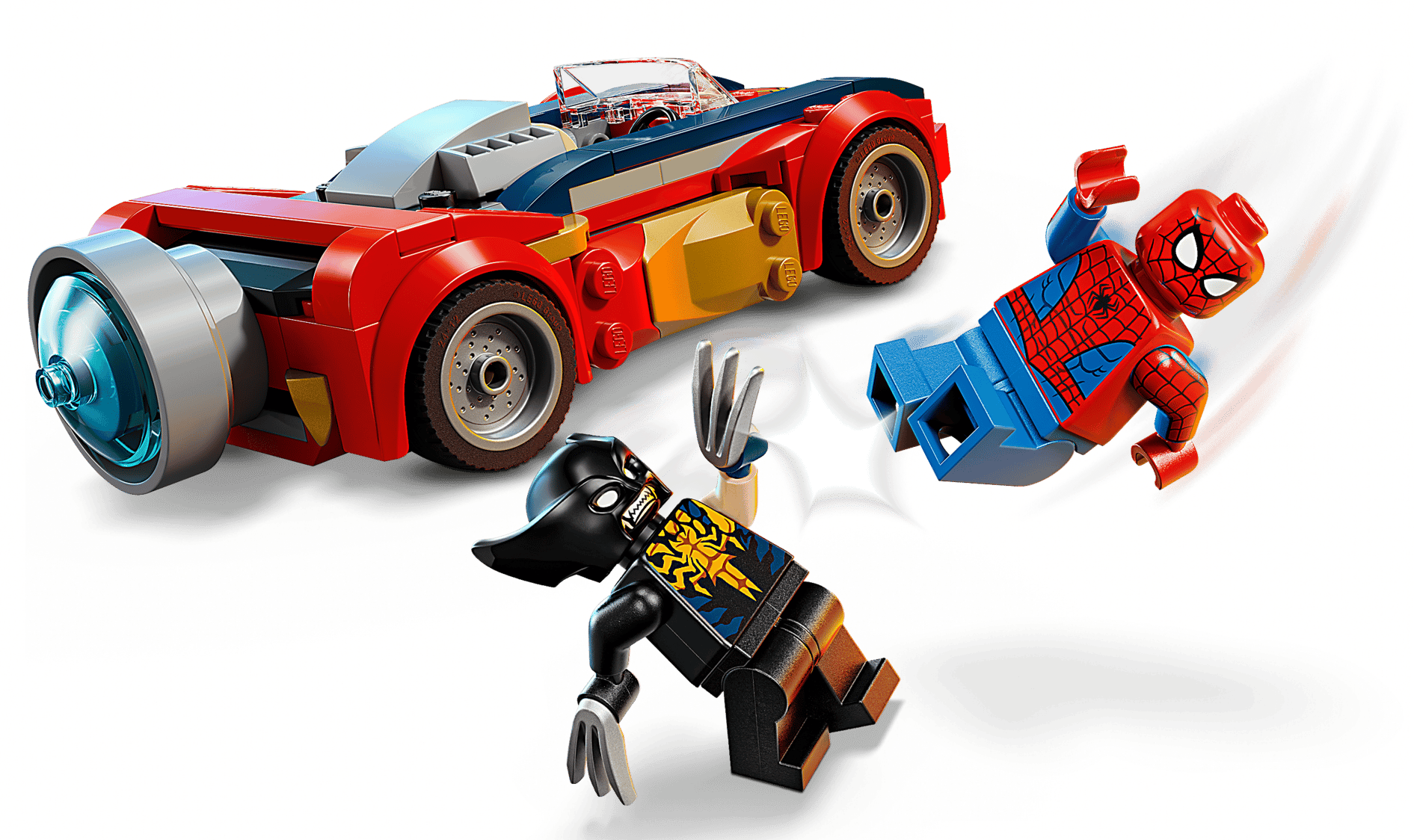 LEGO® Marvel Spider-Man and Black Panther minifigures leap into action by the dynamic Spider-Man Car in the Legos - Toyhouse set, Spider-Man Car vs. Venomized Wolverine, with motion lines adding excitement to the scene.