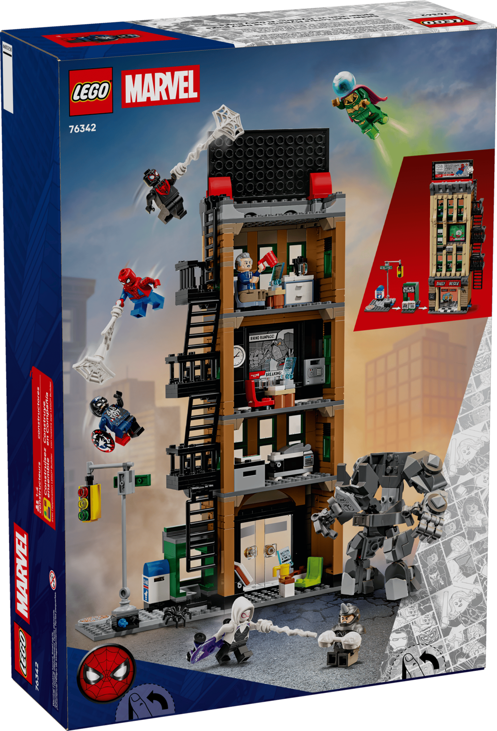The Legos - Toyhouse LEGO® Marvel Spider-Man vs. Mysterio: The Daily Bugle set features a multi-story Spider-Man building, action poses with Spider-Man, villains, allies, a large mech figure, and city accessories.