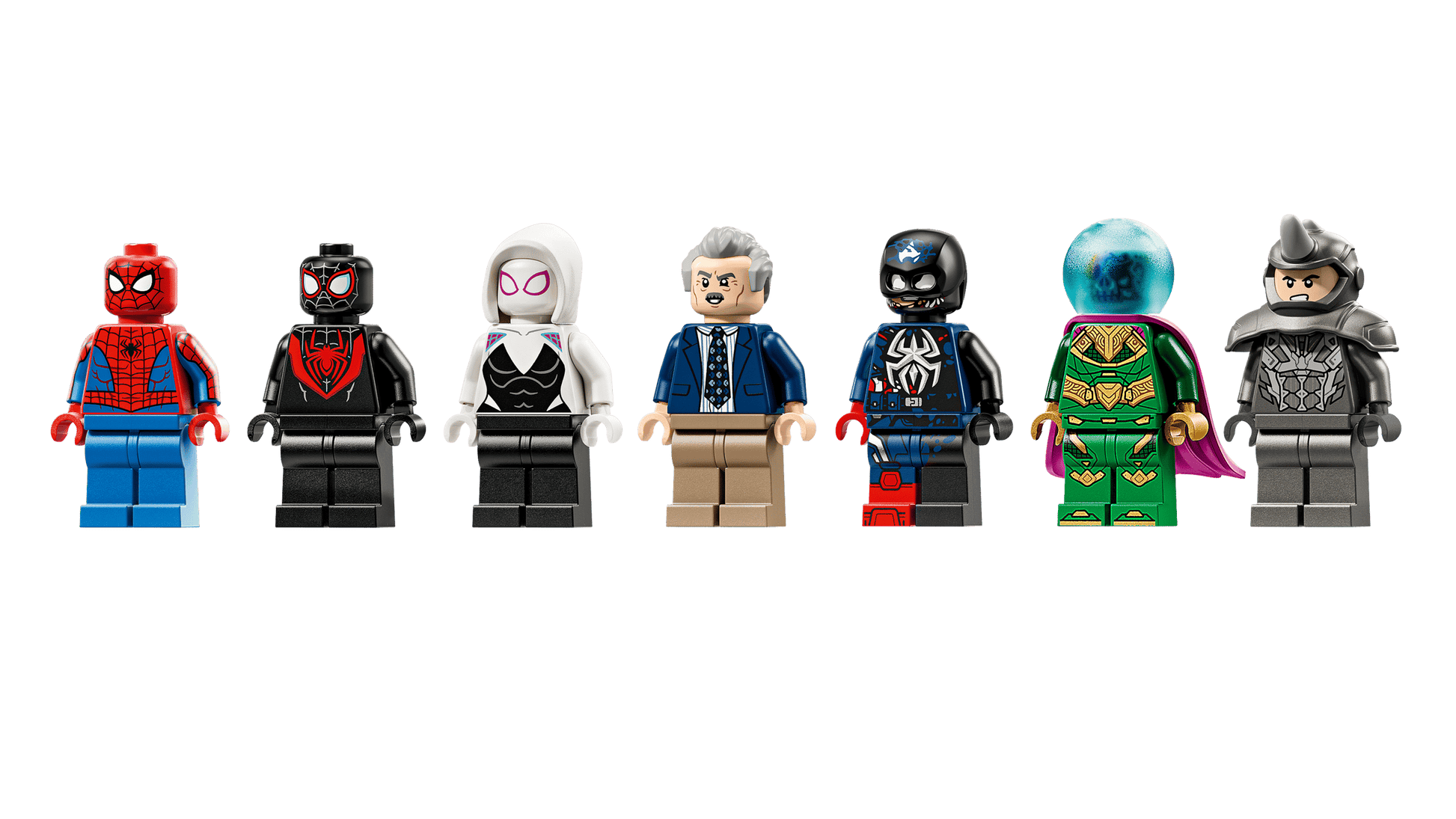 Seven minifigures from Legos - Toyhouse's LEGO® Marvel Spider-Man vs. Mysterio: The Daily Bugle, including Spider-Man and villains, feature unique costumes and accessories—ideal for any Spider-Man building toy collection.