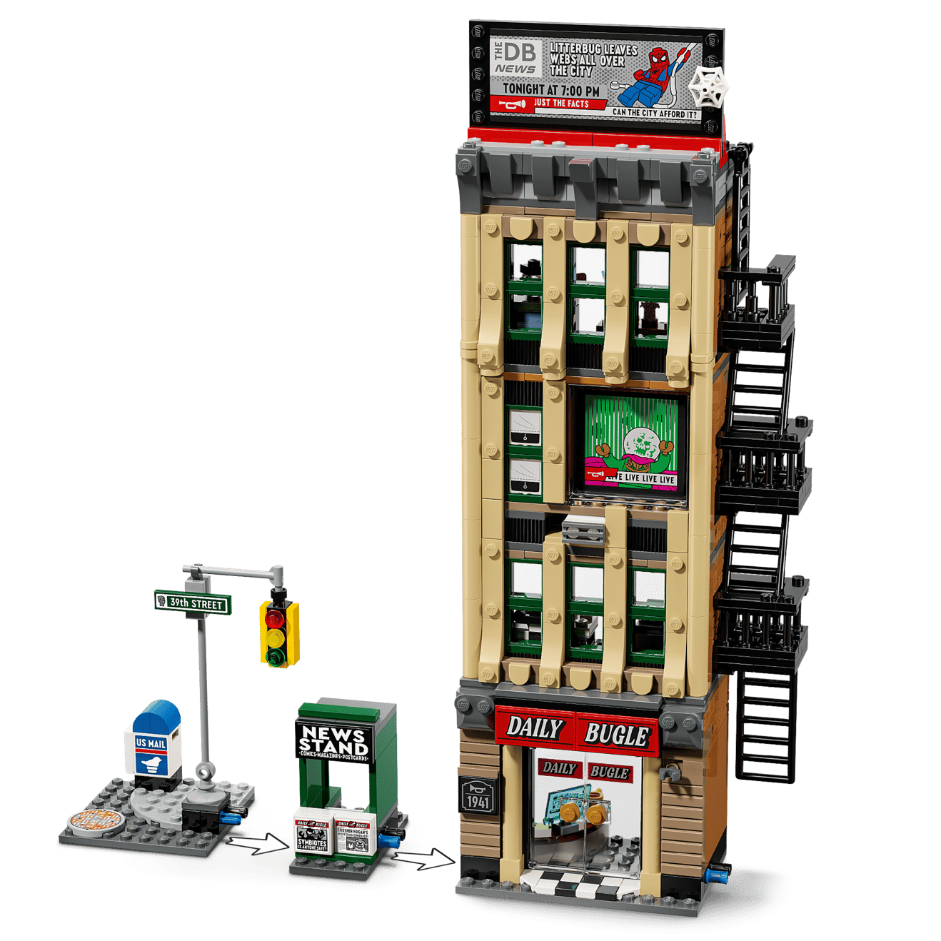 Build the LEGO® Marvel Spider-Man vs. Mysterio: The Daily Bugle by Legos - Toyhouse, featuring a detailed exterior, newsstand, street sign, mailbox, and traffic light—ideal for Spider-Man fans and LEGO building enthusiasts.