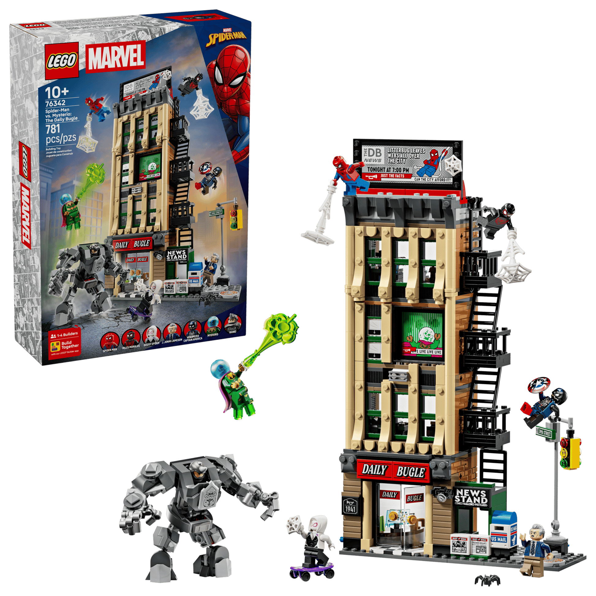 Legos - Toyhouse LEGO® Marvel Spider-Man vs. Mysterio: The Daily Bugle set, includes box, assembled building, minifigures like Spider-Man and Green Goblin, plus accessories.