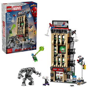 Legos - Toyhouse LEGO® Marvel Spider-Man vs. Mysterio: The Daily Bugle set, includes box, assembled building, minifigures like Spider-Man and Green Goblin, plus accessories.