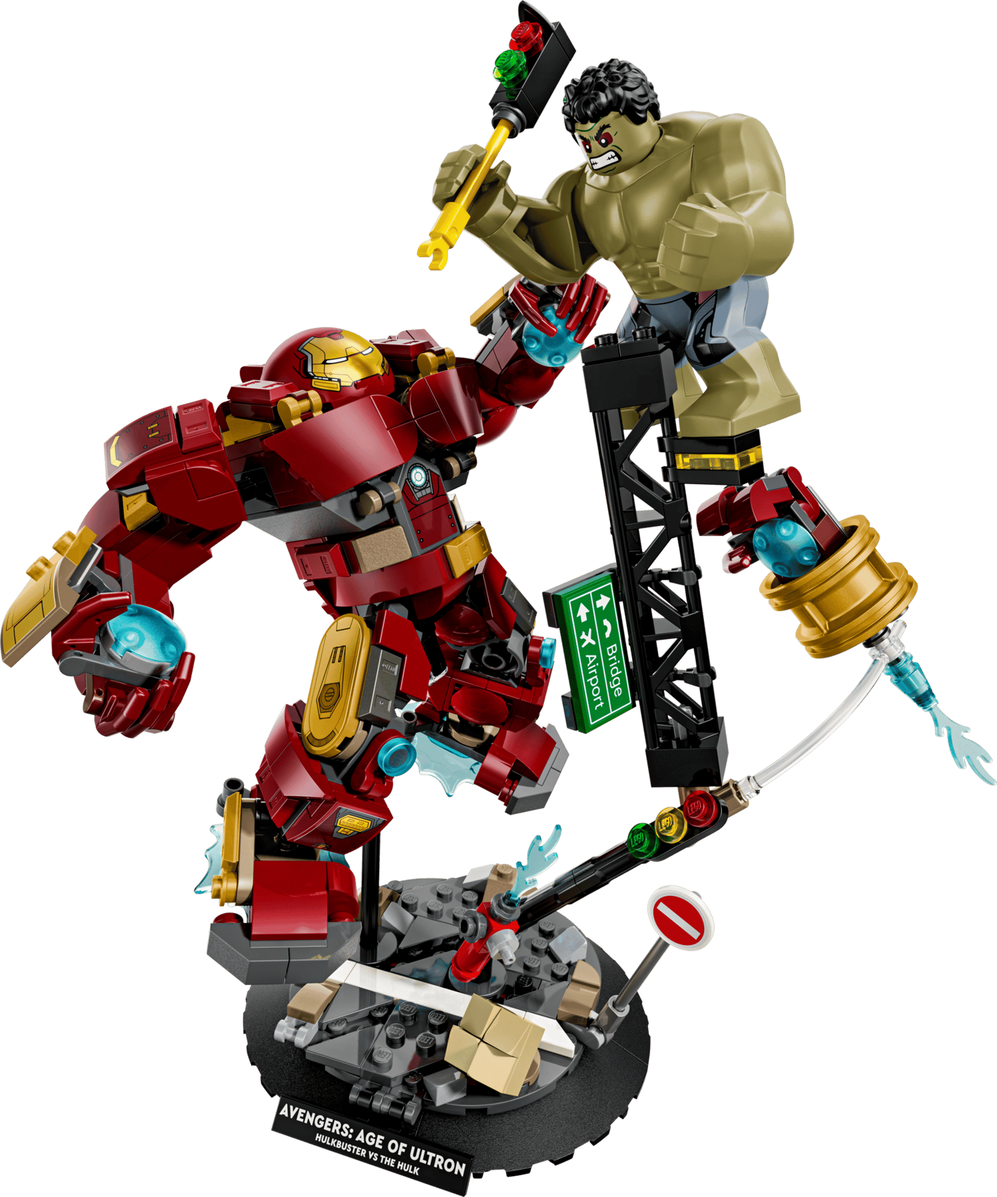 LEGO® Marvel Epic Battle: Hulkbuster vs. The Hulk by Legos - Toyhouse features Iron Man in the Hulkbuster armor and Hulk in a dynamic Age of Ultron scene, complete with debris and street signs for a detailed Marvel display.
