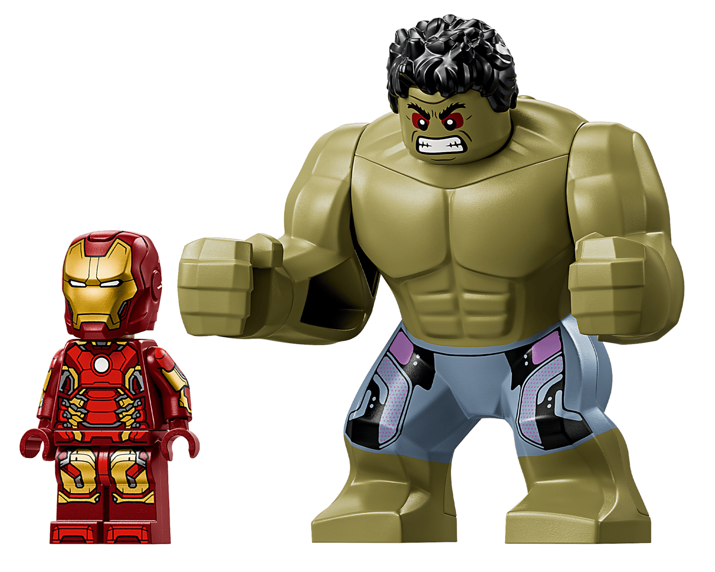 The LEGO® Marvel Epic Battle: Hulkbuster vs. The Hulk set from Legos - Toyhouse features Iron Man in his red and gold armor and the Hulk with green skin, black hair, and purple pants—great for any Avengers collection.