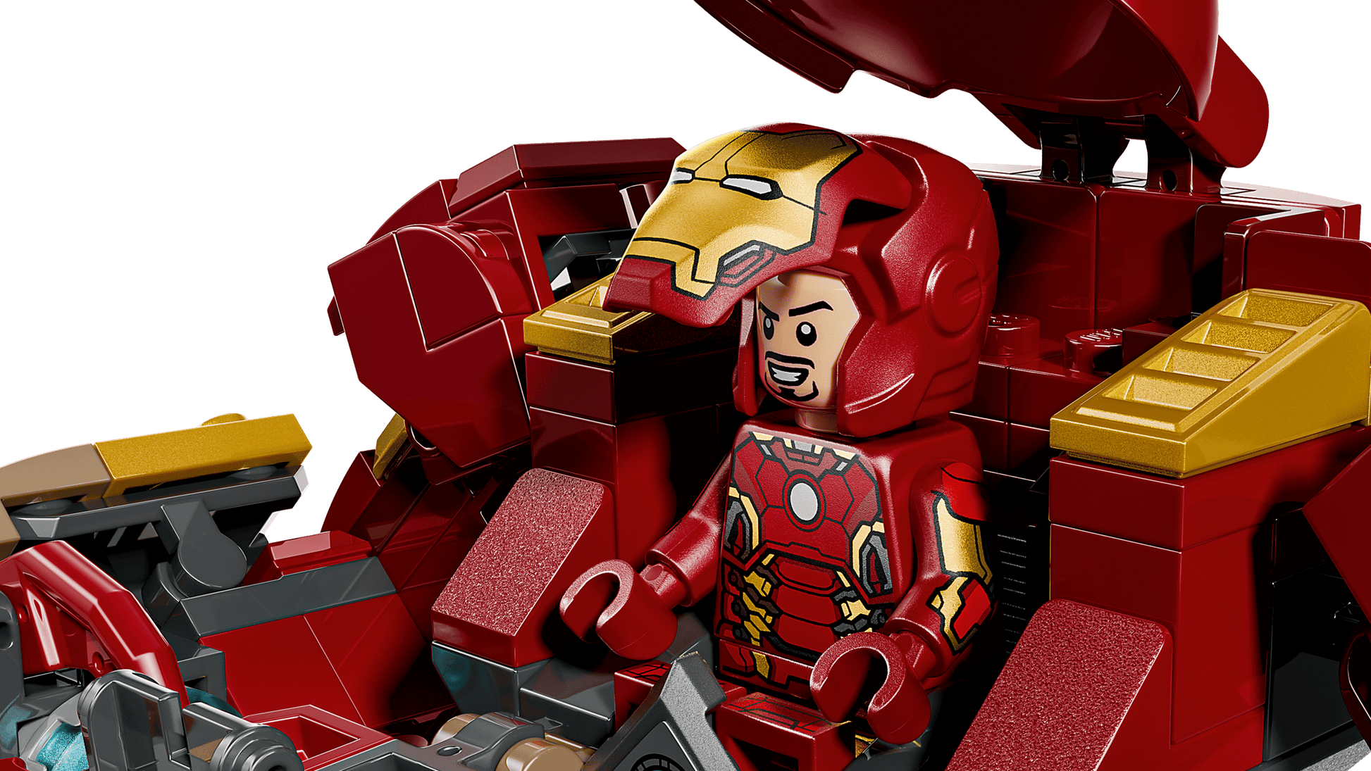 LEGO® Marvel Epic Battle: Hulkbuster vs. The Hulk by Legos - Toyhouse features an Iron Man minifigure inside a red and gold Hulkbuster suit with an open helmet—an epic addition to any Avengers building set.