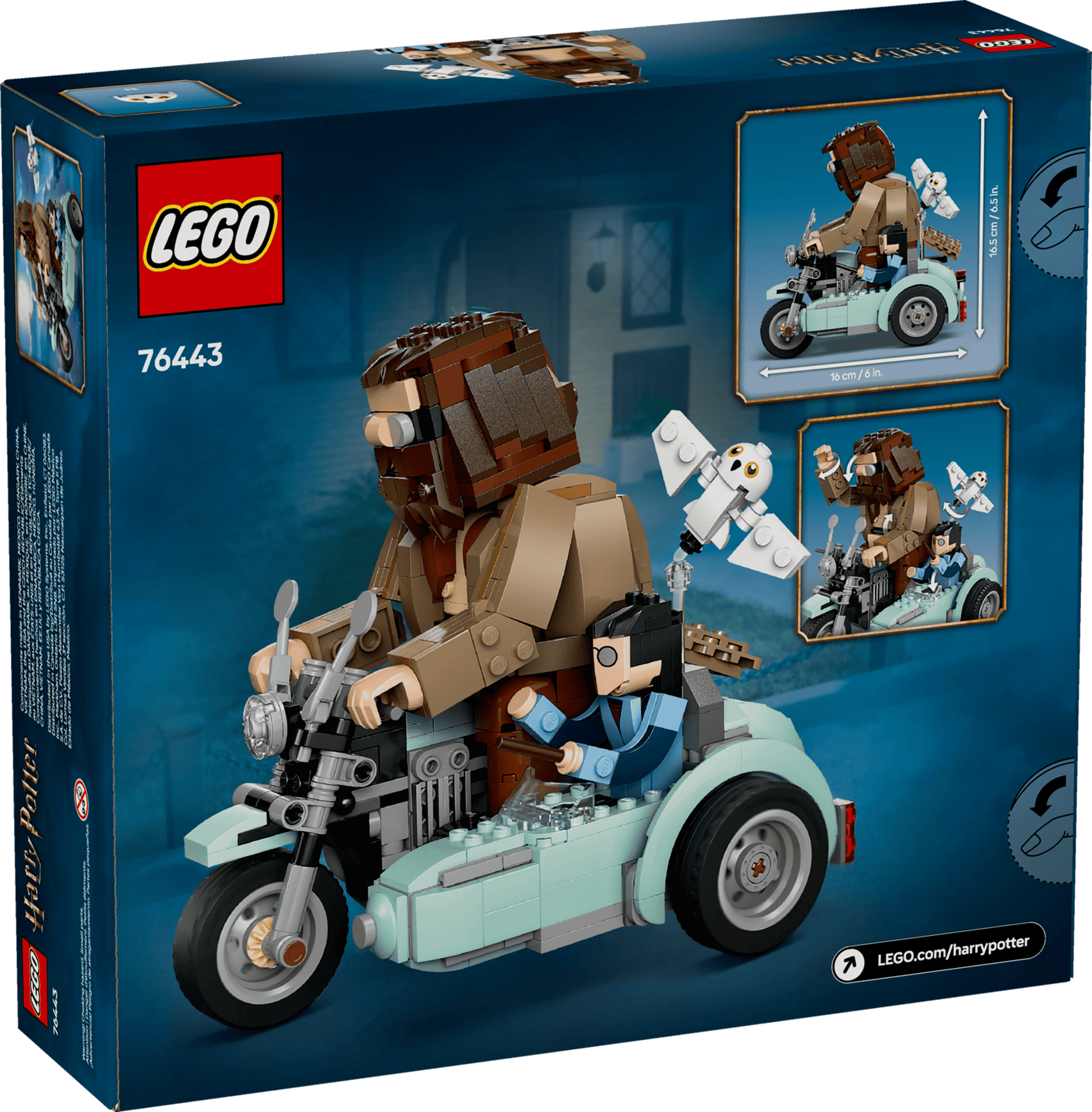 The Legos - Toyhouse LEGO® Harry Potter™ Hagrid™ & Harry's Motorcycle Ride set features Hagrid on his motorbike, Harry in the sidecar, a white owl, and set details—ideal for any wizard toy collection.