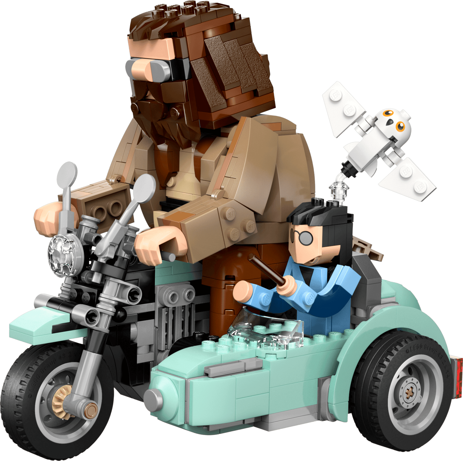Bring home the magic with LEGO® Harry Potter™ Hagrid™ & Harry's Motorcycle Ride from Legos - Toyhouse, featuring a child with a wand in the sidecar and a white owl flying overhead.