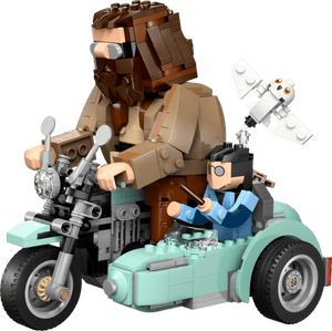 Bring home the magic with LEGO® Harry Potter™ Hagrid™ & Harry's Motorcycle Ride from Legos - Toyhouse, featuring a child with a wand in the sidecar and a white owl flying overhead.