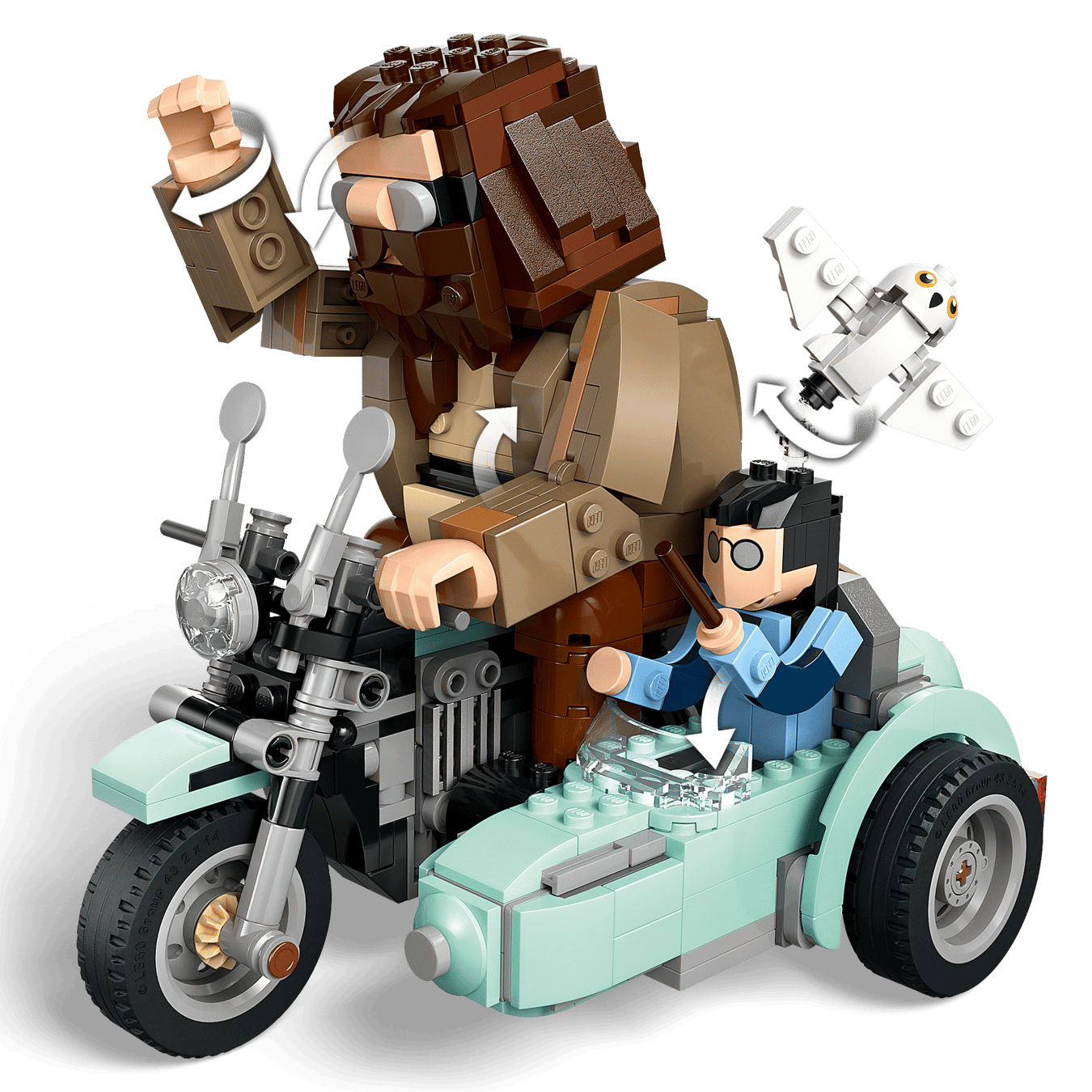 Experience LEGO® Harry Potter™ Hagrid™ & Harry's Motorcycle Ride by Legos - Toyhouse, with Hagrid on a motorcycle, Harry in the sidecar, and a white owl above. Arrows show off the set’s rotating and moving parts.