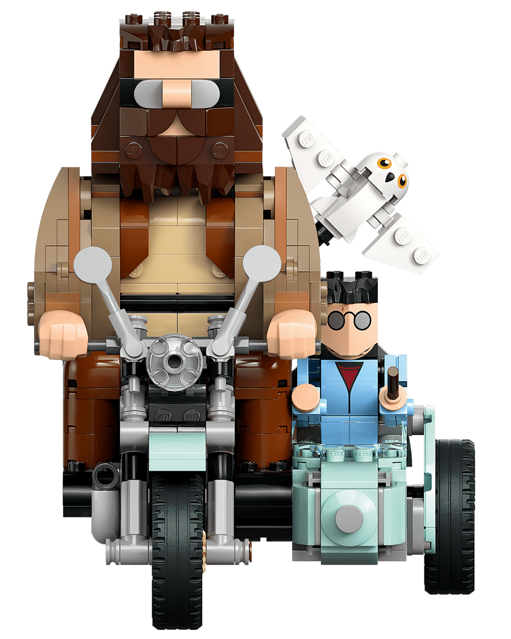 Experience the magic of LEGO® Harry Potter™ Hagrid™ & Harry's Motorcycle Ride by Legos - Toyhouse, featuring Hagrid on a motorcycle, Harry in the sidecar, and a white owl flying above.