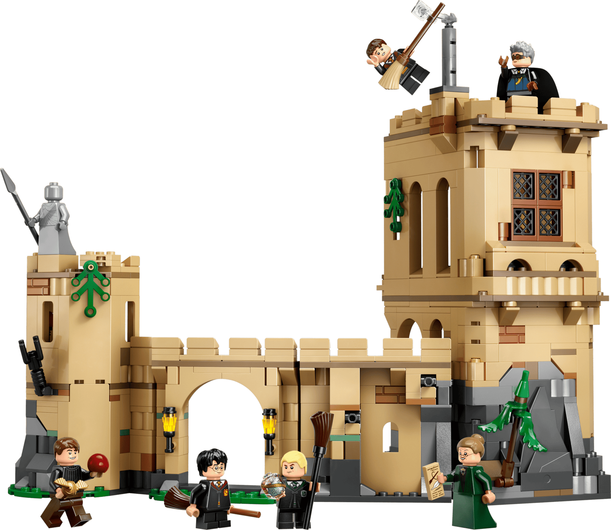 The LEGO® Harry Potter™ Hogwarts™ Castle: Flying Lessons by Legos - Toyhouse includes a detailed castle, five mini-figures with brooms and a ball for Flying Lessons, plus a statue on the left tower.