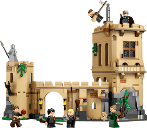 The LEGO® Harry Potter™ Hogwarts™ Castle: Flying Lessons by Legos - Toyhouse includes a detailed castle, five mini-figures with brooms and a ball for Flying Lessons, plus a statue on the left tower.
