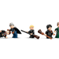 Six minifigures with brooms and accessories, including a golden owl and red ball, from the LEGO® Harry Potter™ Hogwarts™ Castle: Flying Lessons set by Legos - Toyhouse, are arranged in a row on a white background.