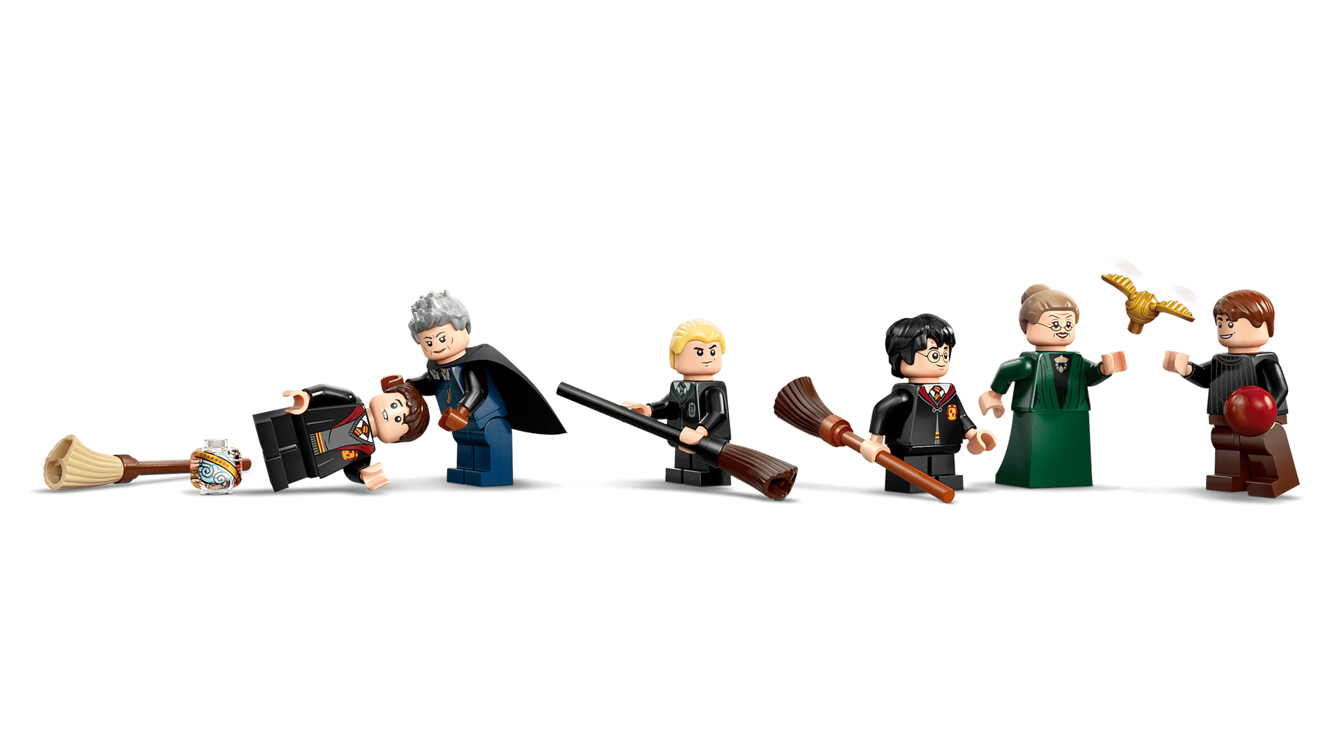 Six minifigures with brooms and accessories, including a golden owl and red ball, from the LEGO® Harry Potter™ Hogwarts™ Castle: Flying Lessons set by Legos - Toyhouse, are arranged in a row on a white background.