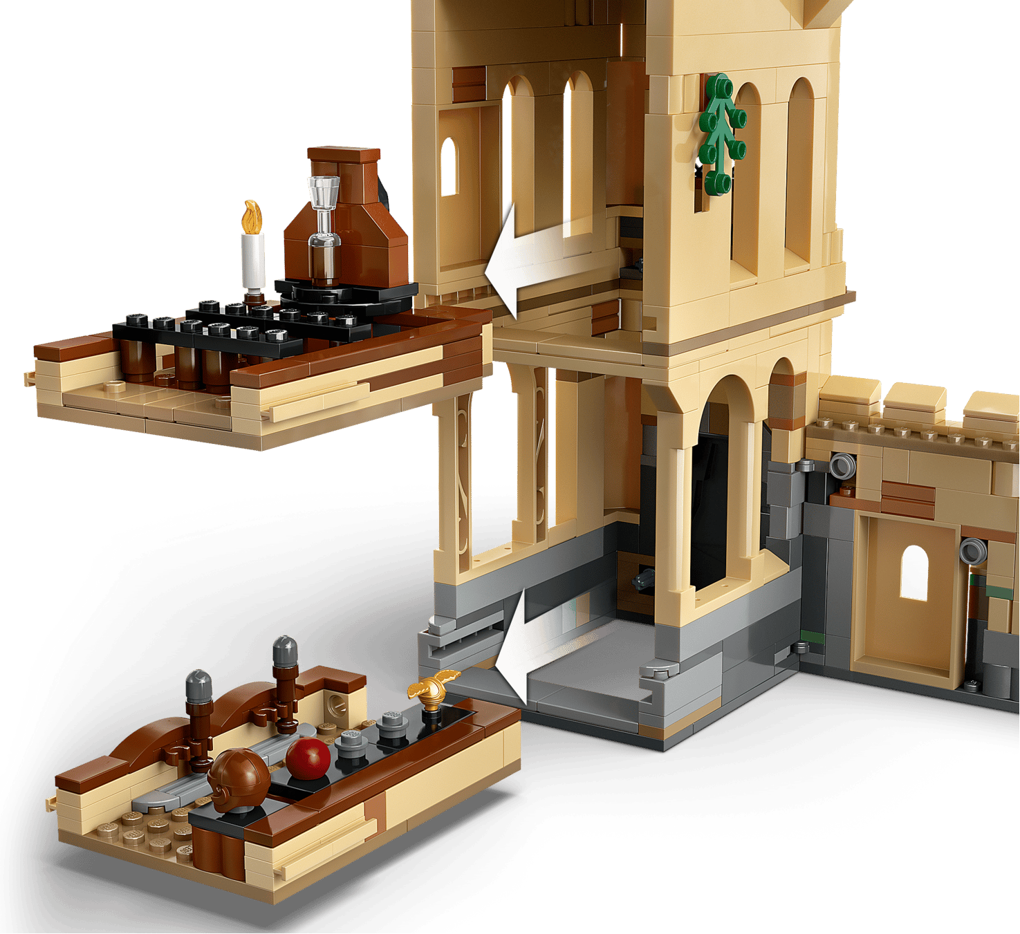 The LEGO® Harry Potter™ Hogwarts™ Castle: Flying Lessons set by Legos - Toyhouse features two detachable interiors—a candle-lit bedroom and a dining area—joined by white arrows, ideal for recreating Hogwarts Flying Lessons scenes.