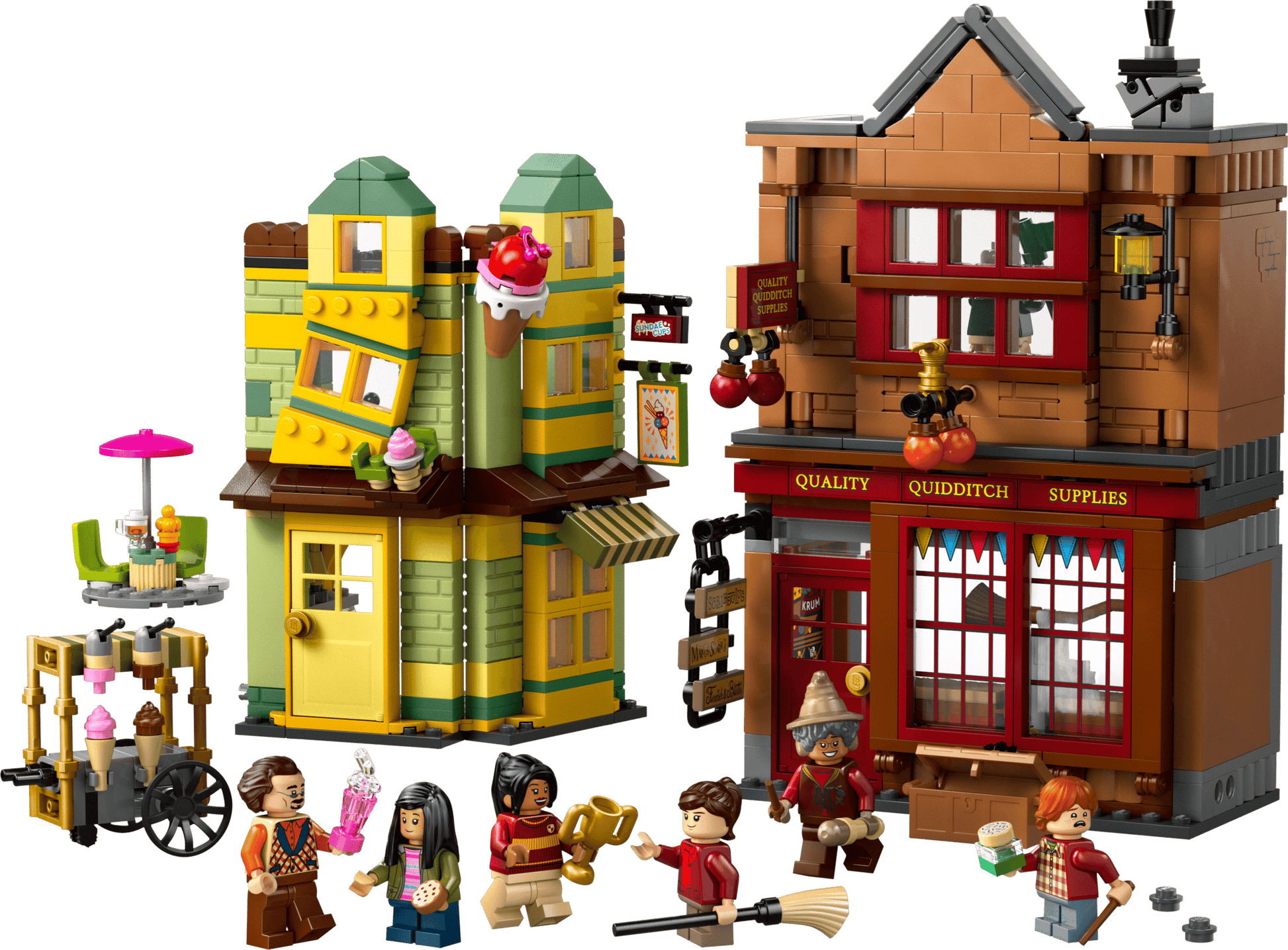 The LEGO® Harry Potter™ Quality Quidditch™ Supplies & Ice Cream Parlour by Legos - Toyhouse features two vibrant shops, detailed accessories, a street cart, and six minifigures—an ideal wizard birthday gift.