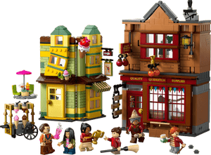 The LEGO® Harry Potter™ Quality Quidditch™ Supplies & Ice Cream Parlour by Legos - Toyhouse features two vibrant shops, detailed accessories, a street cart, and six minifigures—an ideal wizard birthday gift.