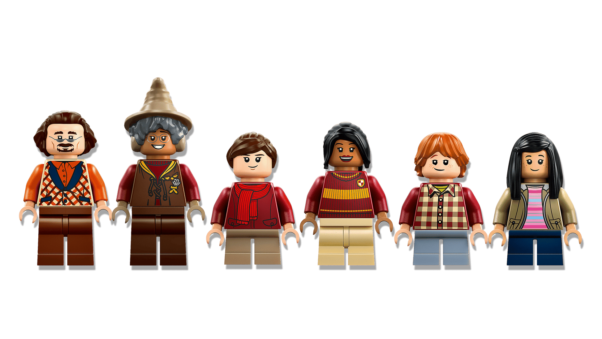 Six LEGO minifigures, each with unique outfits and hairstyles from the LEGO® Harry Potter™ Quality Quidditch™ Supplies & Ice Cream Parlour by Legos - Toyhouse, are lined up against a crisp white background.