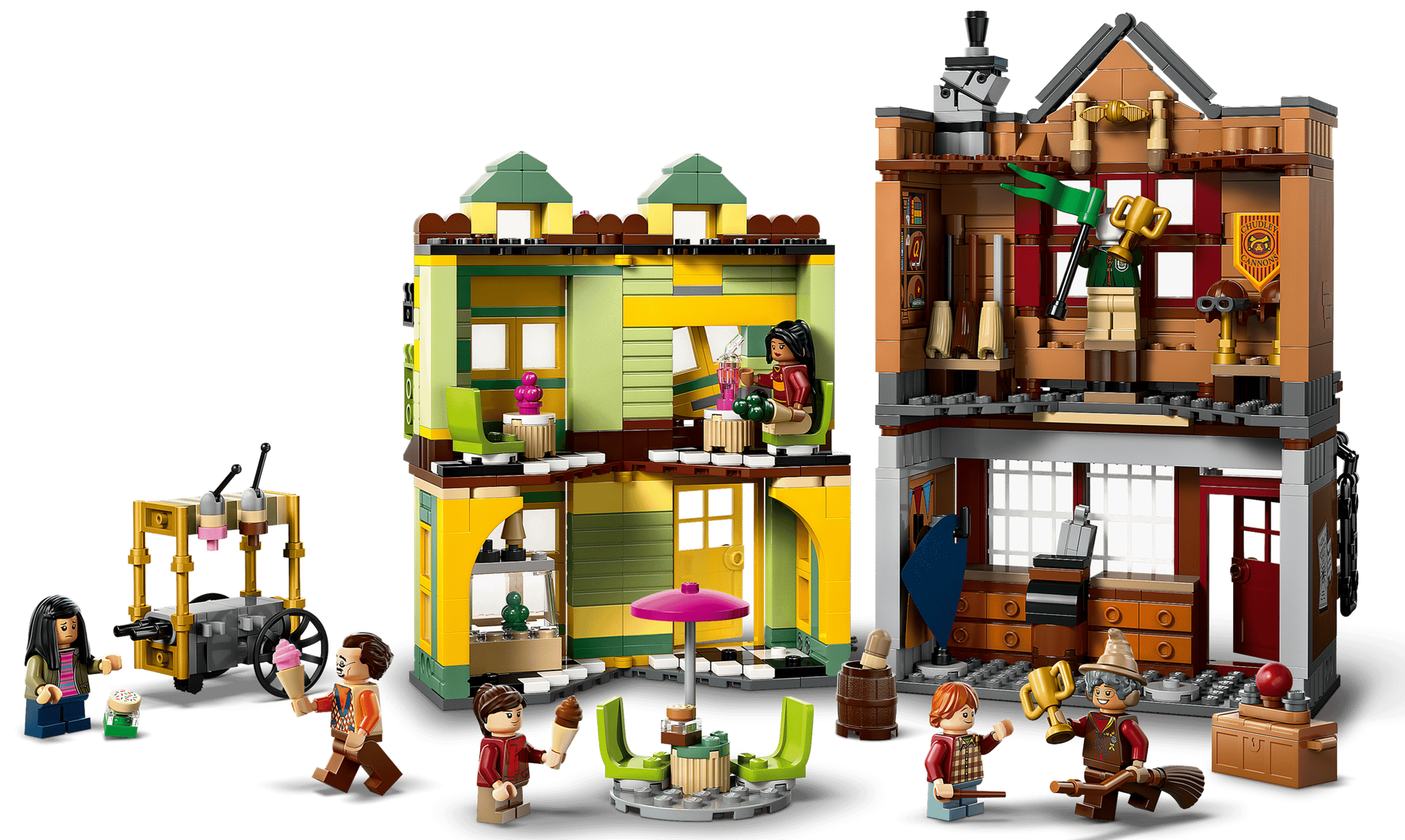 LEGO® Harry Potter™ Quality Quidditch™ Supplies & Ice Cream Parlour by Legos - Toyhouse features two detailed multi-story buildings, mini-figures, a street cart, and accessories—ideal for fans or as a magical wizard birthday gift.