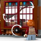 A LEGO minifigure stands before big red windows with gears and arrows, ready to explore the magical LEGO® Harry Potter™ Quality Quidditch™ Supplies & Ice Cream Parlour by Legos - Toyhouse.