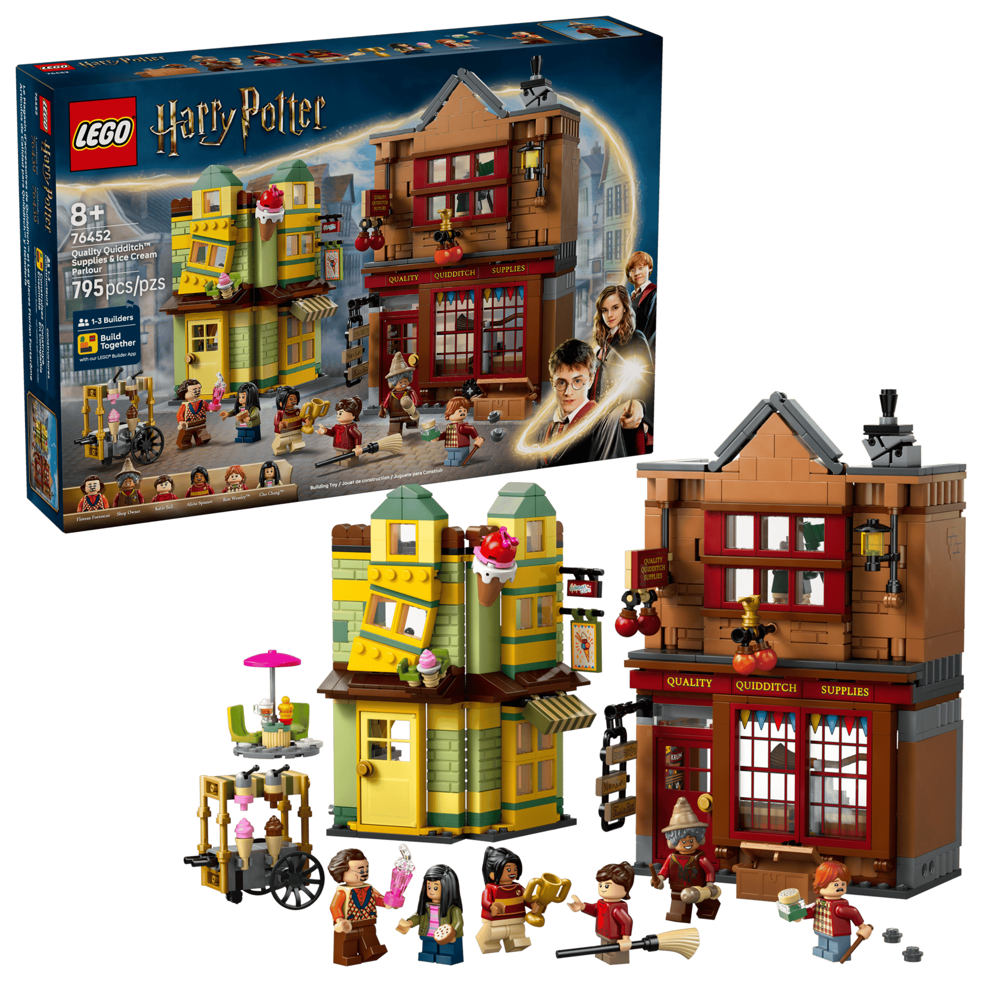 The LEGO® Harry Potter™ Quality Quidditch™ Supplies & Ice Cream Parlour by Legos - Toyhouse features two detailed building models, seven minifigures, and fun accessories—perfect for wizard fans or creative play. Box shown in the background.