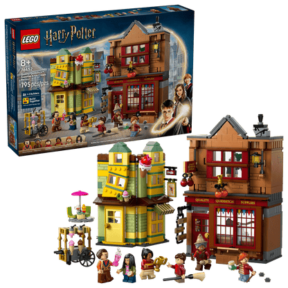 The LEGO® Harry Potter™ Quality Quidditch™ Supplies & Ice Cream Parlour by Legos - Toyhouse features two detailed building models, seven minifigures, and fun accessories—perfect for wizard fans or creative play. Box shown in the background.
