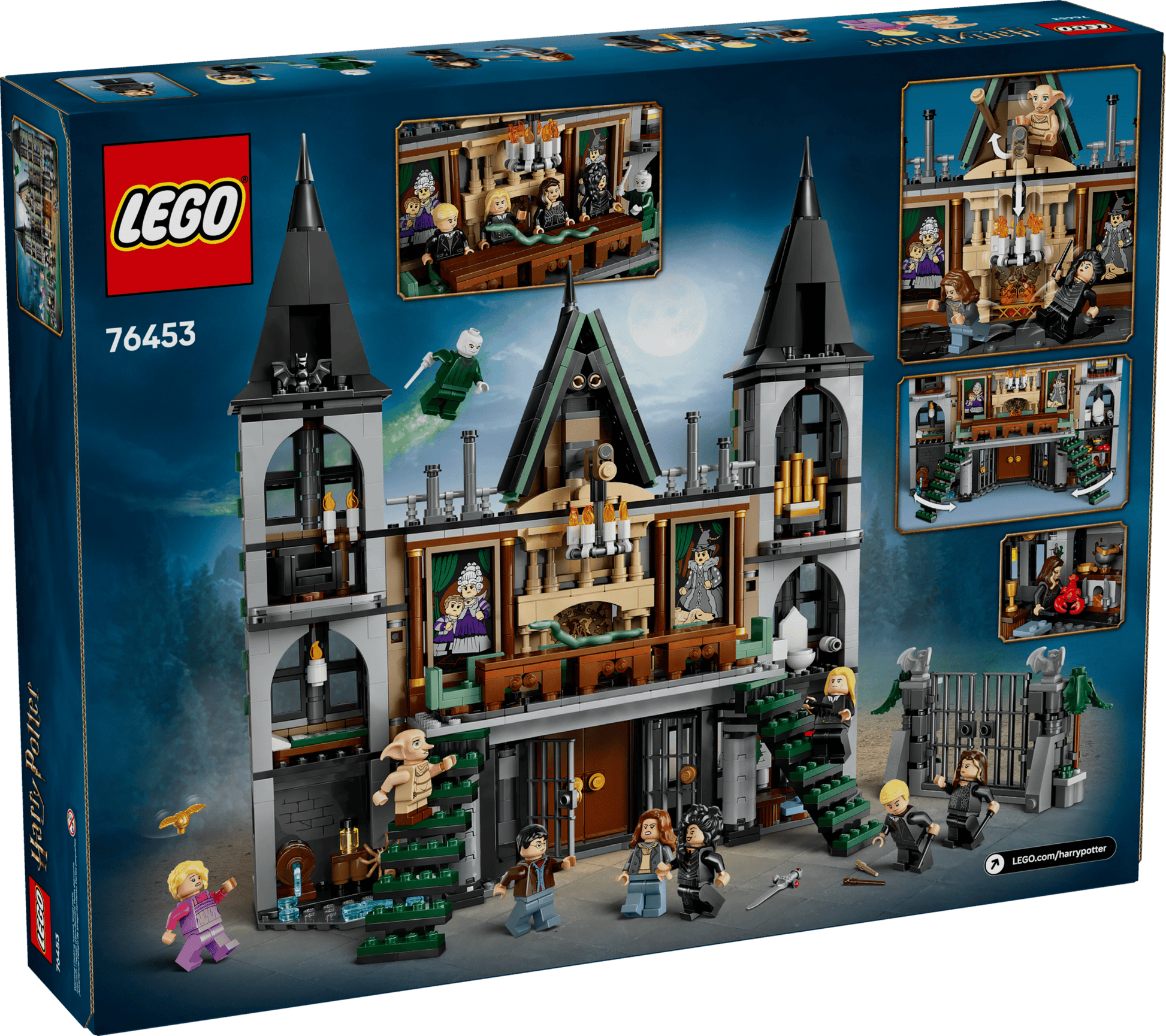 The image displays the box for LEGO® Harry Potter™ Malfoy Manor by Legos - Toyhouse, featuring castle structures, minifigures, magical accessories, and panels showcasing detailed interiors—an ideal gift for Harry Potter fans.