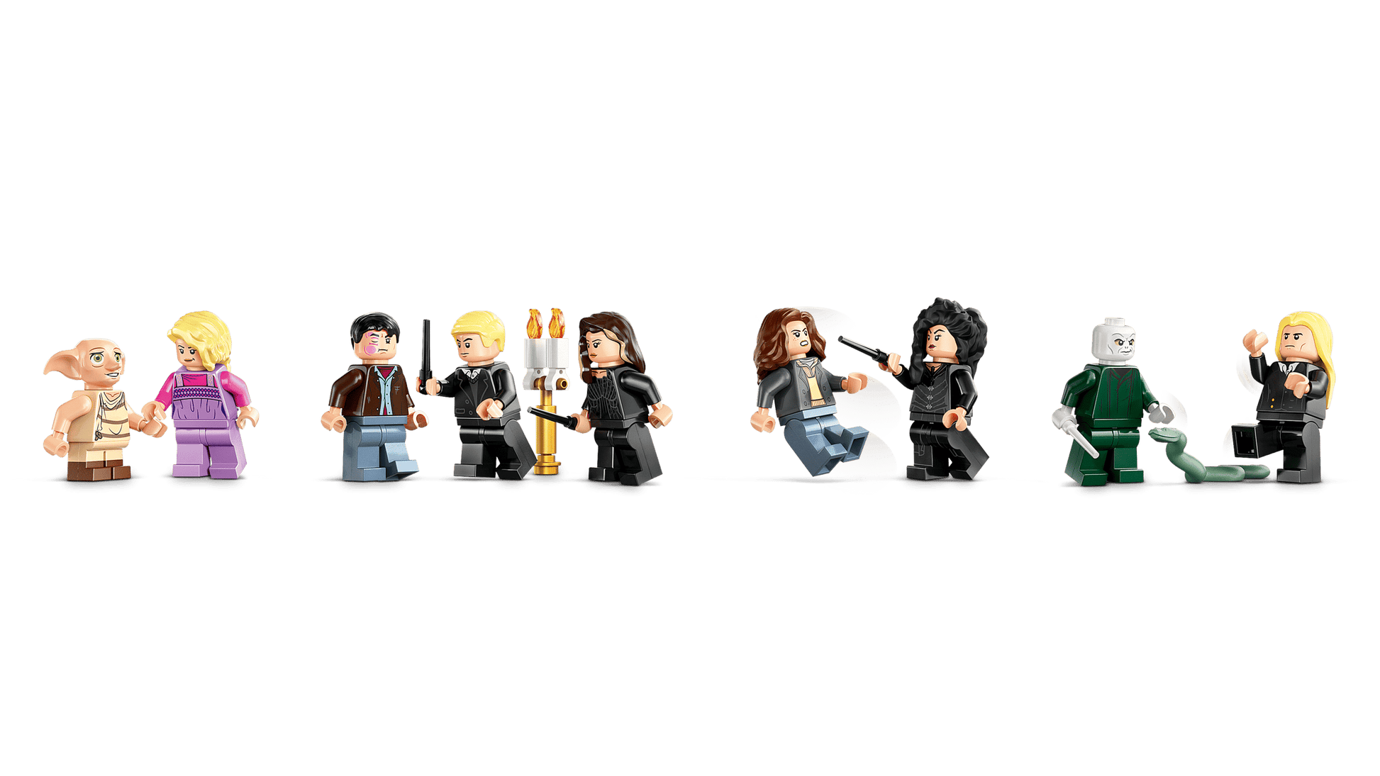 Eight LEGO® Harry Potter™ Malfoy Manor minifigures by Legos - Toyhouse are shown in a row with unique accessories and details, making them an ideal wizard toy or Harry Potter gift against a plain white background.