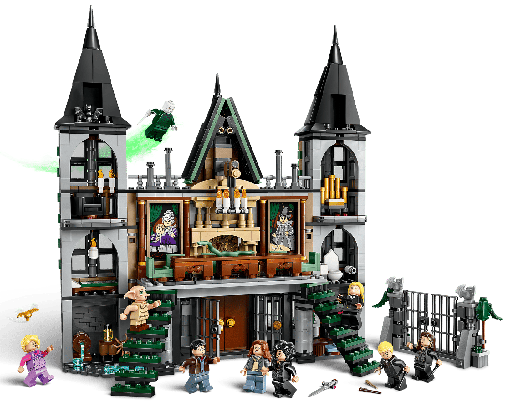 LEGO® Harry Potter™ Malfoy Manor by Legos - Toyhouse features a magical castle with towers, staircases, and minifigures—perfect for Harry Potter fans or as a wizard-themed gift.