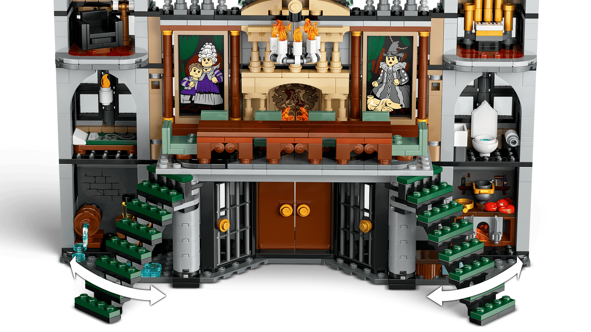 Explore the LEGO® Harry Potter™ Malfoy Manor by Legos - Toyhouse, featuring two green staircases, portraits, a fireplace, and magical accessories—an enchanting wizard toy for fans or as a gift for your LEGO Harry Potter collection.