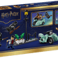 Back of a LEGO® Harry Potter™ Hagrid™ & Harry's Privet Drive Escape box by Legos - Toyhouse, featuring minifigures, Hagrid’s flying motorcycle with sidecar, a streetlight, and scenery from the Privet Drive escape scene.