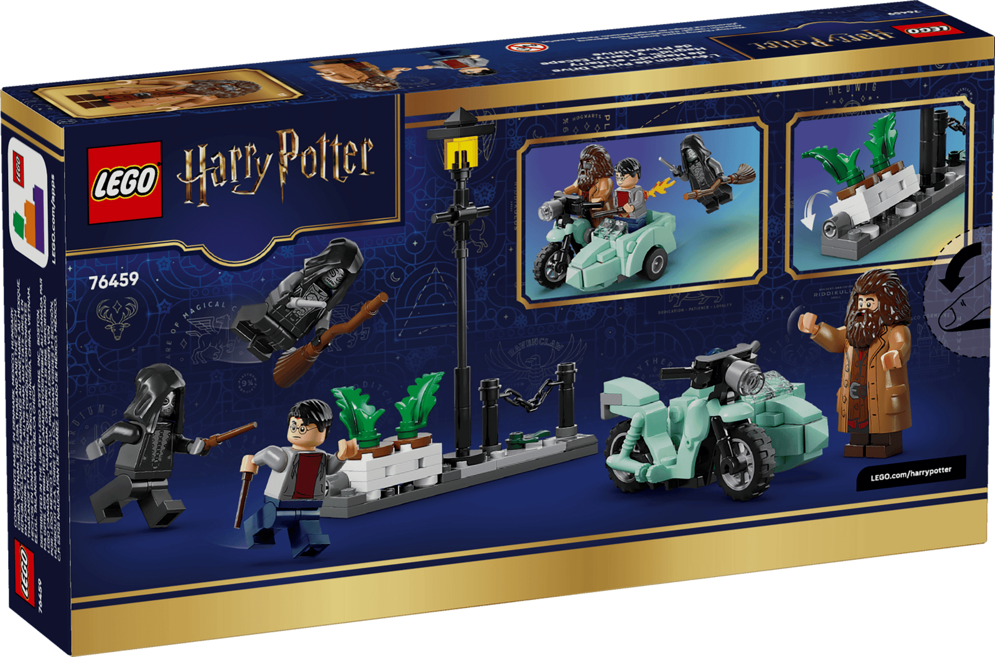 Back of a LEGO® Harry Potter™ Hagrid™ & Harry's Privet Drive Escape box by Legos - Toyhouse, featuring minifigures, Hagrid’s flying motorcycle with sidecar, a streetlight, and scenery from the Privet Drive escape scene.
