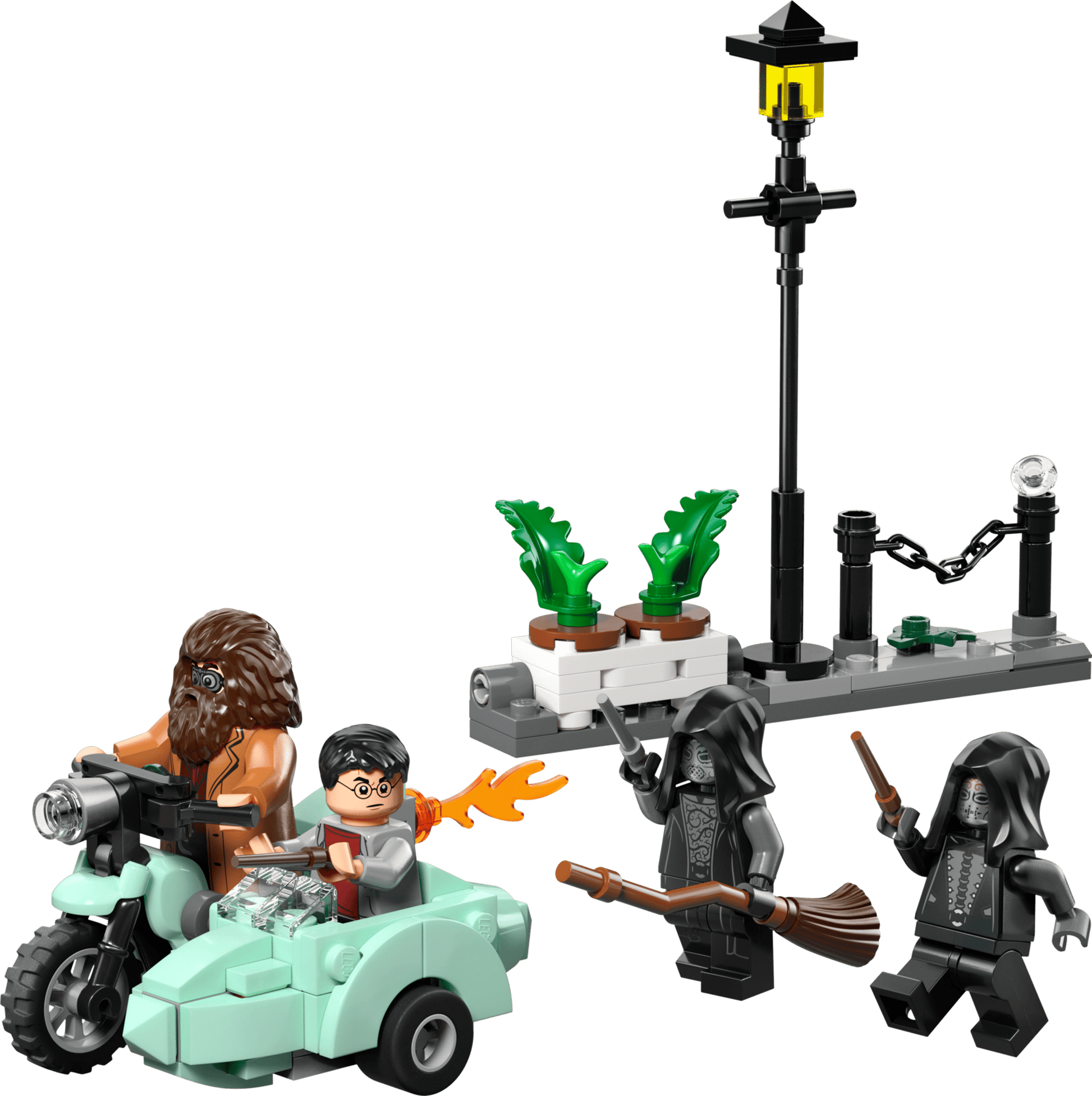 Recreate the Privet Drive escape with LEGO® Harry Potter™ Hagrid™ & Harry's Privet Drive Escape by Legos - Toyhouse, featuring Hagrid and Harry on a motorcycle with sidecar, two cloaked figures, a streetlamp, and potted plants.
