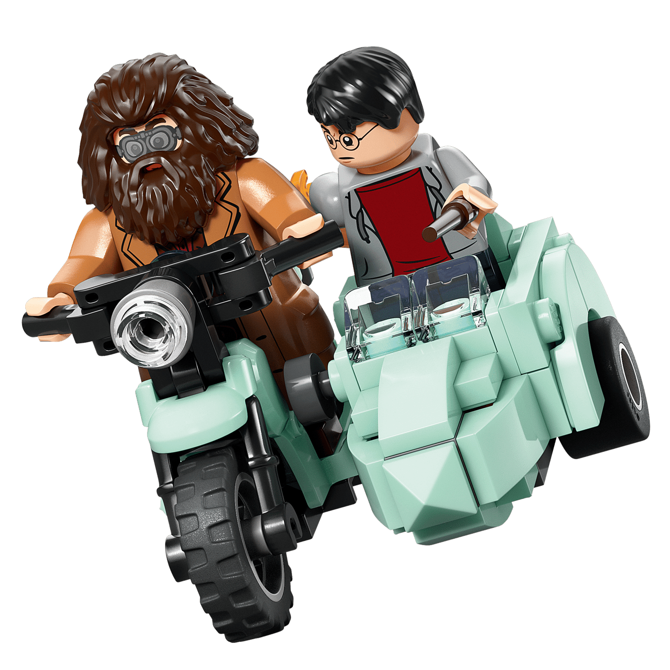 LEGO® Harry Potter™ Hagrid™ & Harry's Privet Drive Escape by Legos - Toyhouse features minifigures of Hagrid and Harry riding a flying motorcycle with a teal sidecar, capturing the iconic escape scene on a clean white background.