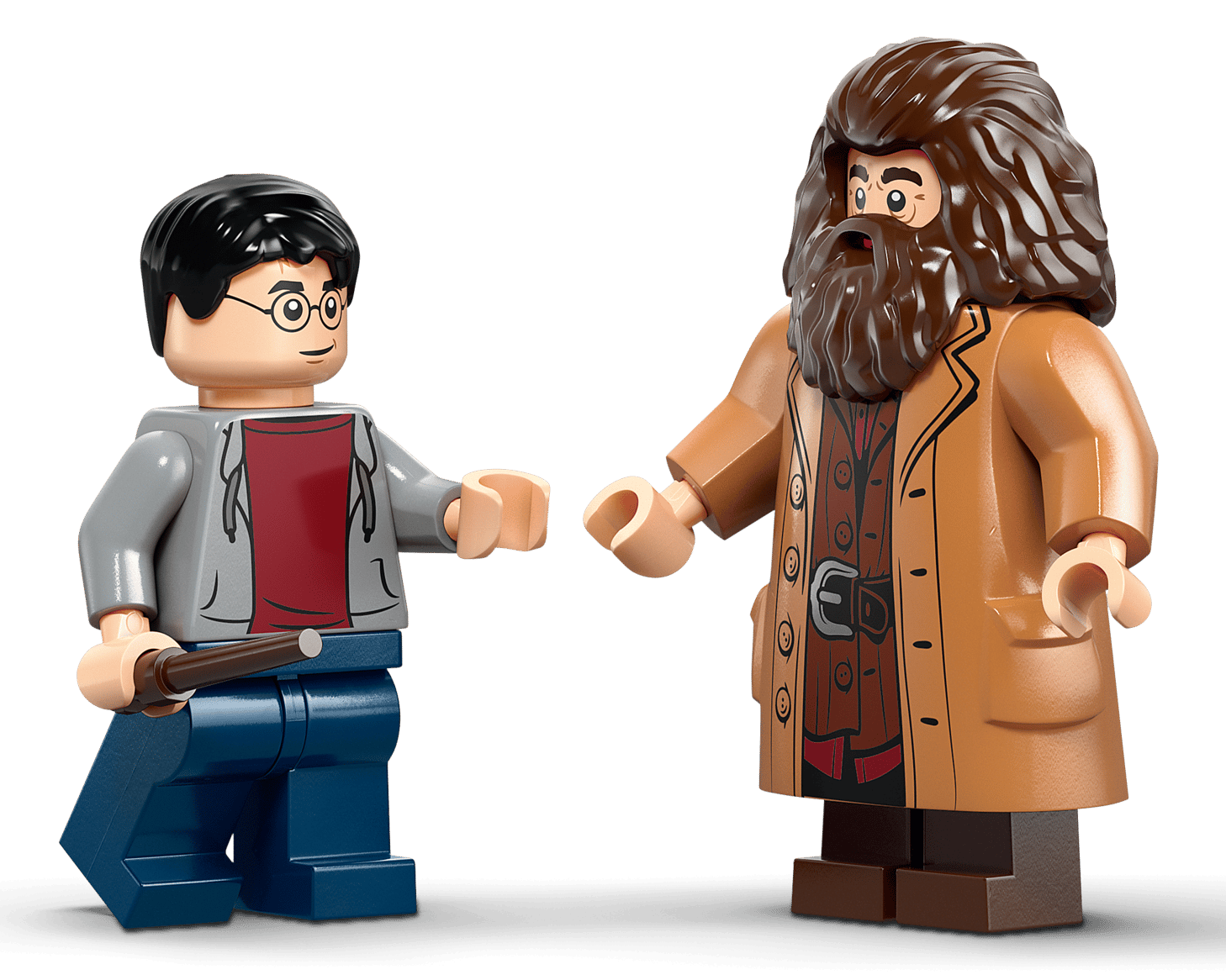 Recreate the Privet Drive escape with LEGO® Harry Potter™ Hagrid™ & Harry's Privet Drive Escape from Legos - Toyhouse, featuring a glasses-wearing Harry with wand and bearded Hagrid in his long coat.