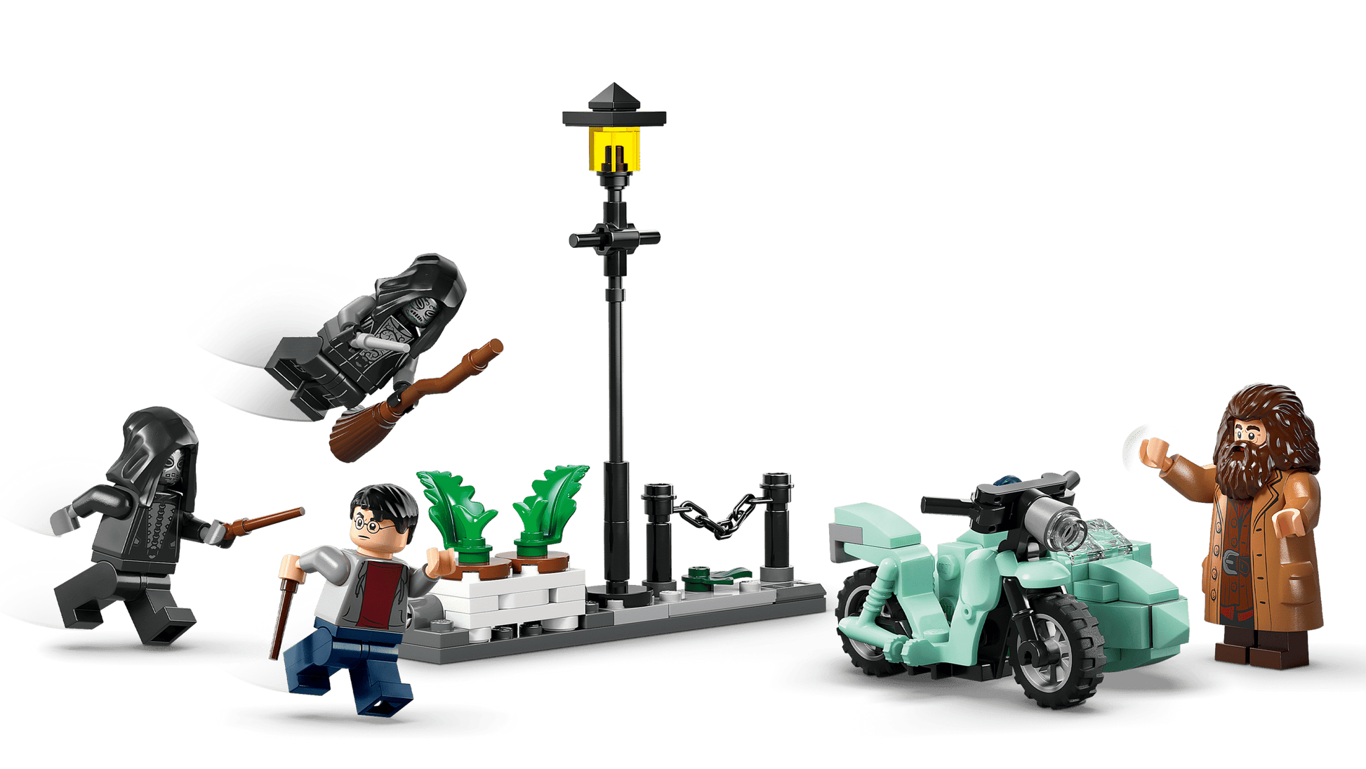 Legos - Toyhouse's LEGO® Harry Potter™ Hagrid™ & Harry's Privet Drive Escape lets you relive the daring scene with Hagrid, Harry, a flying motorcycle, streetlamp, and two dark-cloaked figures in an epic wizard battle.