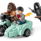 In the Legos - Toyhouse LEGO® Harry Potter™ Hagrid™ & Harry's Privet Drive Escape set, Hagrid and Harry ride a flying motorcycle with sidecar while a Death Eater chases on a broomstick for an exciting escape scene.