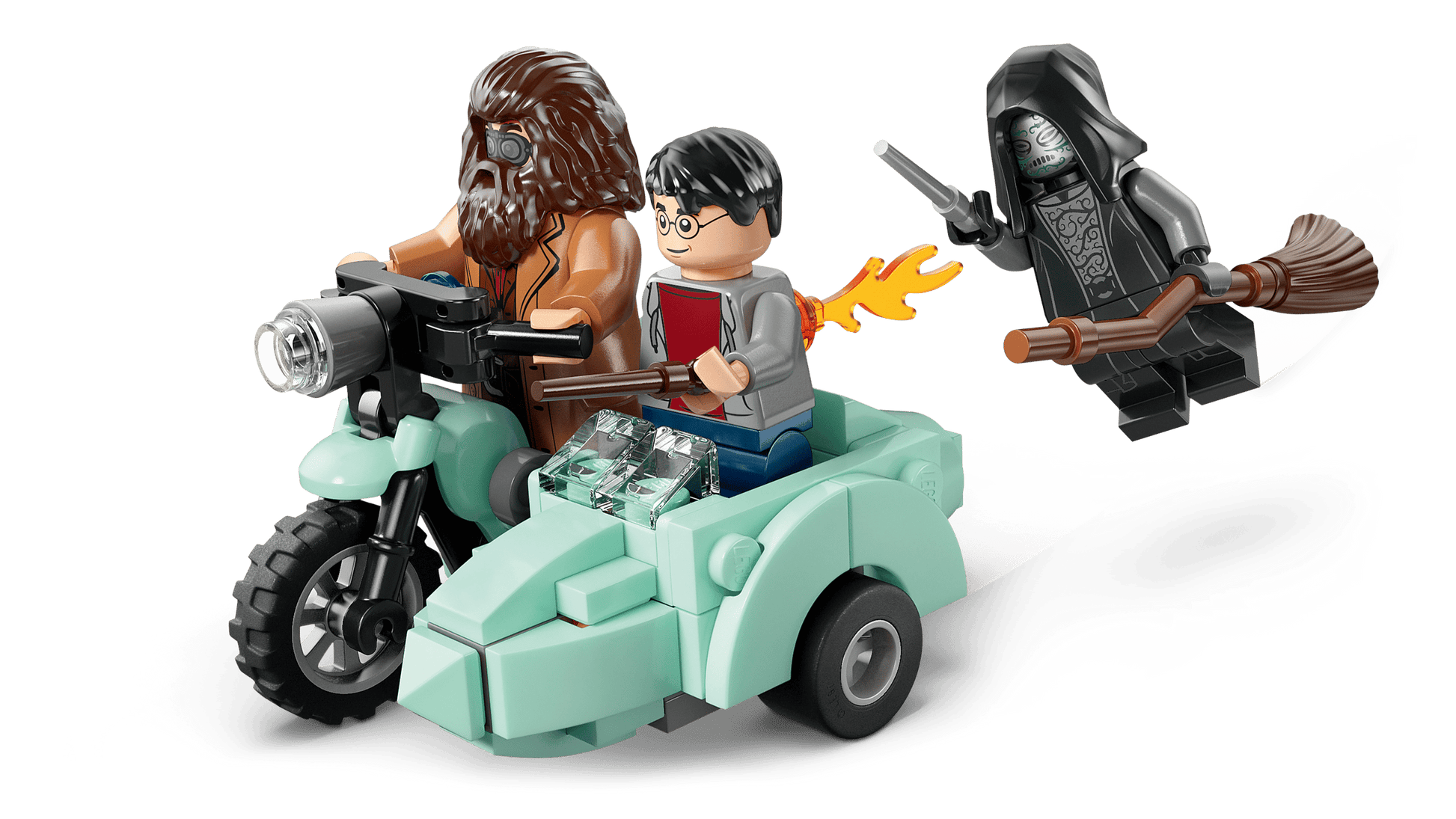In the Legos - Toyhouse LEGO® Harry Potter™ Hagrid™ & Harry's Privet Drive Escape set, Hagrid and Harry ride a flying motorcycle with sidecar while a Death Eater chases on a broomstick for an exciting escape scene.