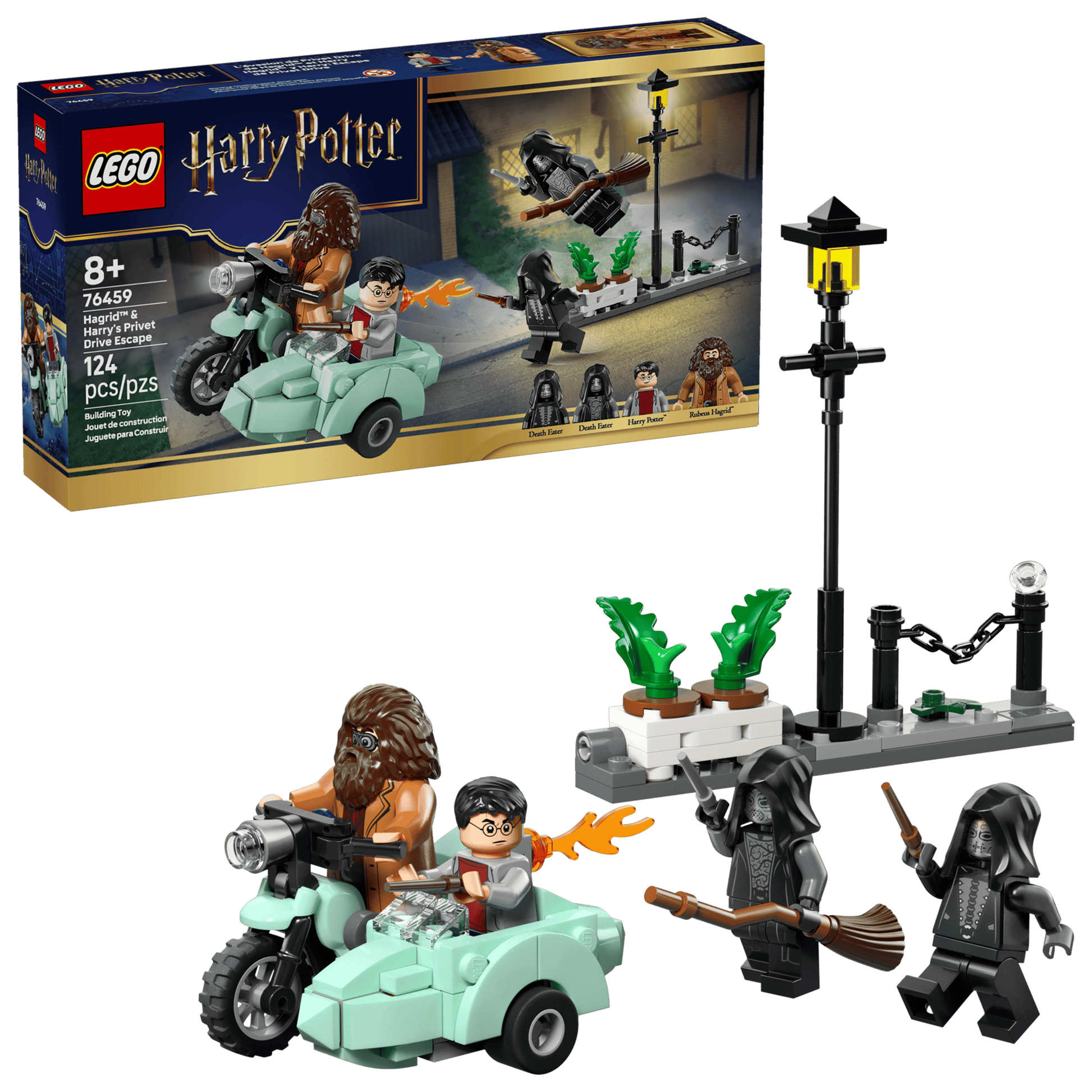 Recreate the Privet Drive escape with the LEGO® Harry Potter™ Hagrid™ & Harry's Privet Drive Escape set from Legos - Toyhouse (set 76459, 124 pieces), including Hagrid, Harry on a motorbike with sidecar, 2 Dementors, streetlamp, sidewalk, and box.
