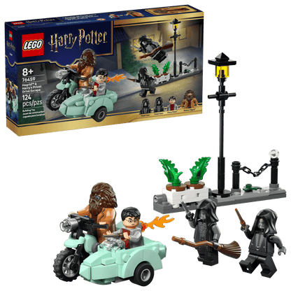 Recreate the Privet Drive escape with the LEGO® Harry Potter™ Hagrid™ & Harry's Privet Drive Escape set from Legos - Toyhouse (set 76459, 124 pieces), including Hagrid, Harry on a motorbike with sidecar, 2 Dementors, streetlamp, sidewalk, and box.