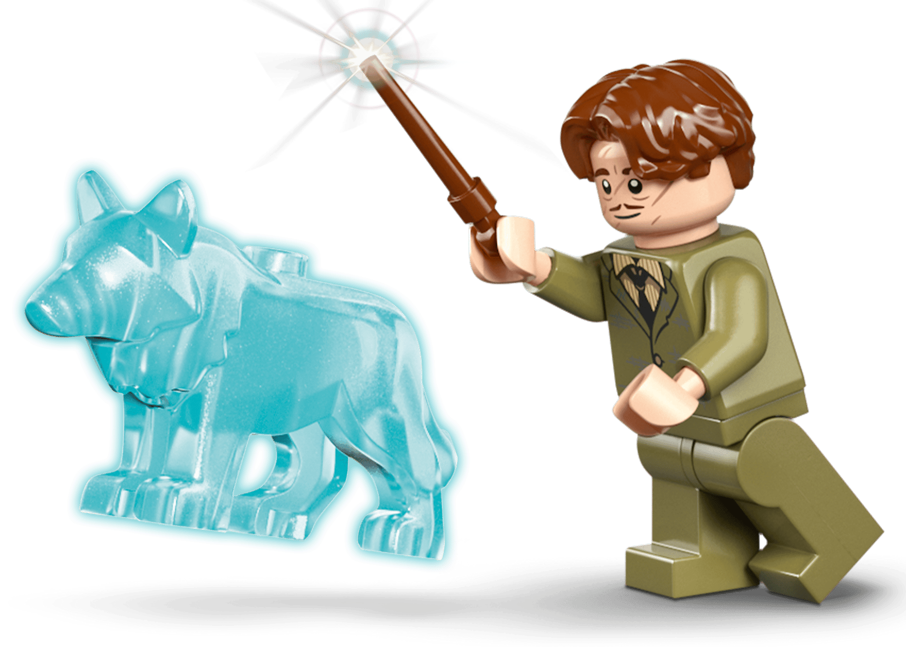 A LEGO® Harry Potter™ minifigure from the Hogwarts™ Castle: Hospital Wing set by Legos - Toyhouse wields a wand, casting a spell with a translucent blue wolf—an enchanting gift for any Harry Potter fan’s collection.