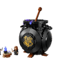 The Legos - Toyhouse Harry Potter™ Cauldron: Secret Potions Classroom set includes a large black Hogwarts cauldron, wooden stirrer, purple pieces, two minifigures, and a table with blue flames—ideal for any potions classroom or Harry Potter display.