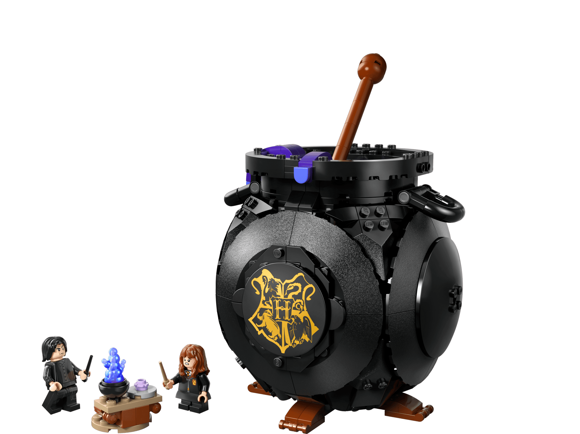 The Legos - Toyhouse Harry Potter™ Cauldron: Secret Potions Classroom set includes a large black Hogwarts cauldron, wooden stirrer, purple pieces, two minifigures, and a table with blue flames—ideal for any potions classroom or Harry Potter display.
